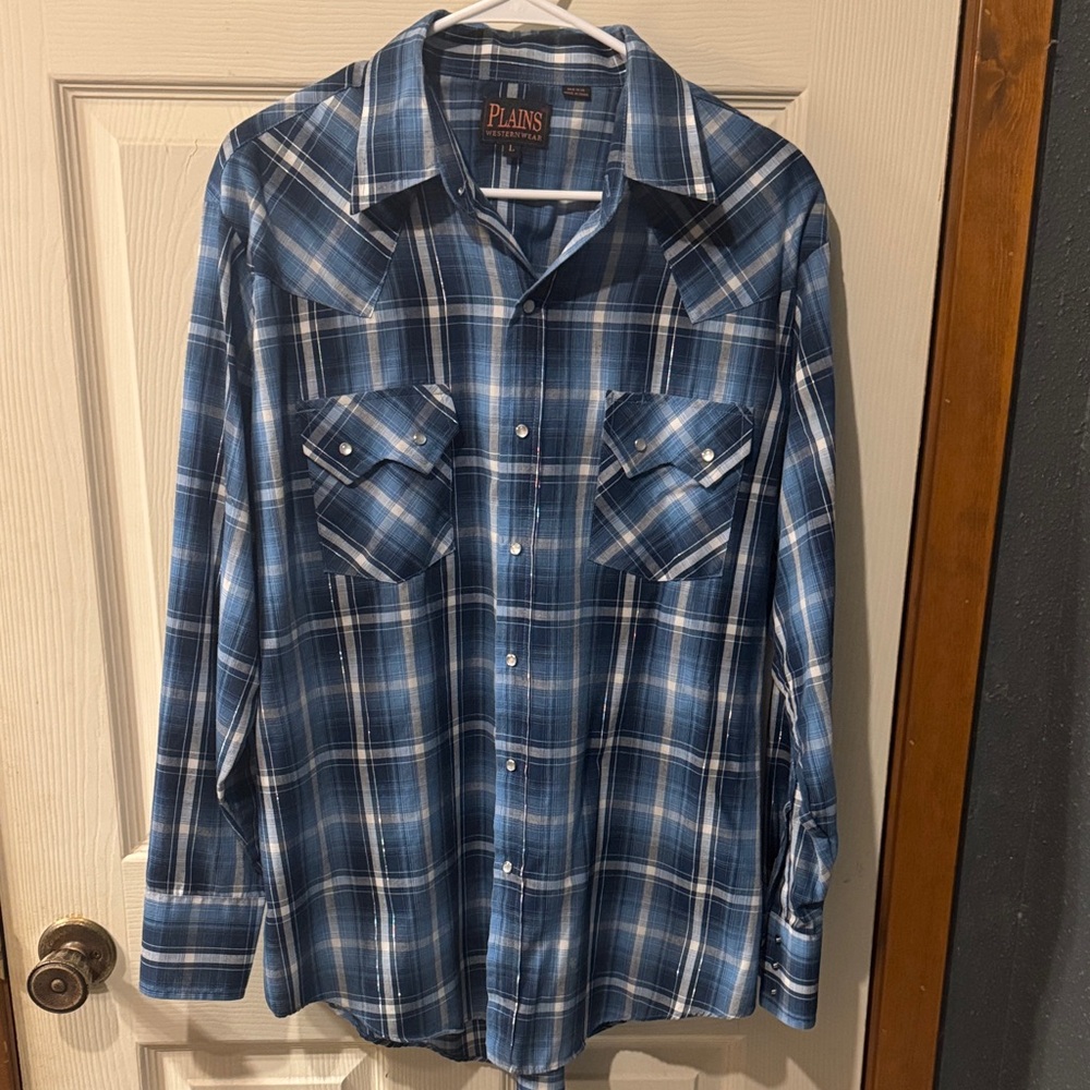 Plains Western Wear Blue Plaid Snap Button Down Cowboy Shirt